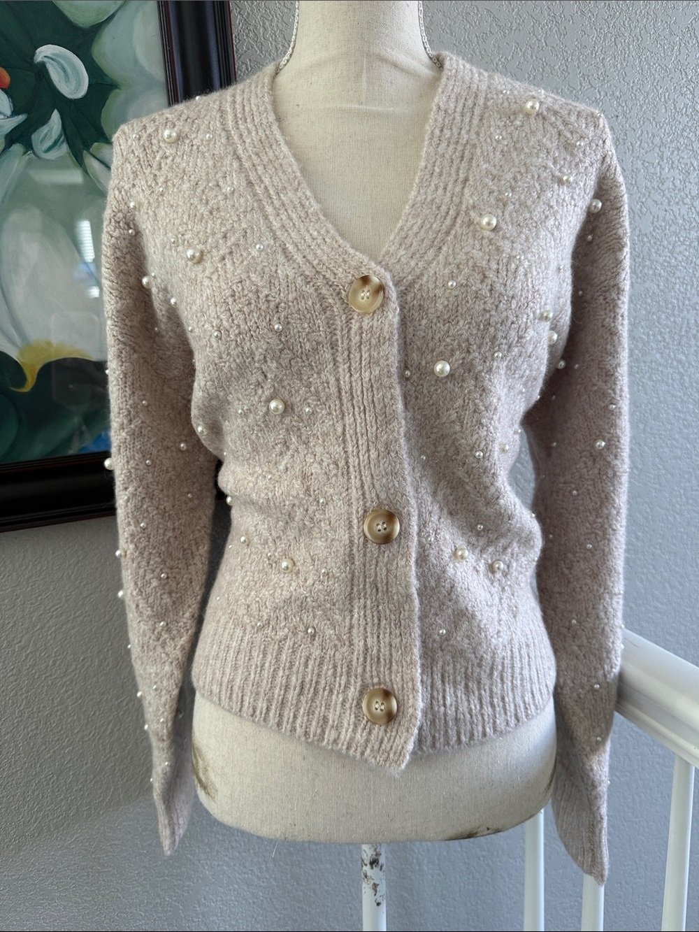 Lush Pearl Embellished V-Neck Cardigan Sweater in Taupe - Size L